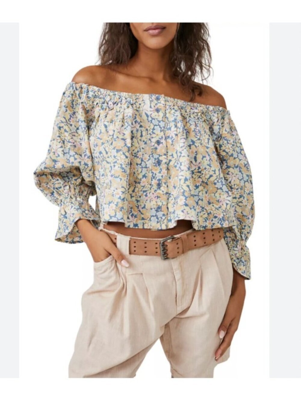 Free People James Blouse Womens Medium Multicolor Floral Off Shoulder Cropped
